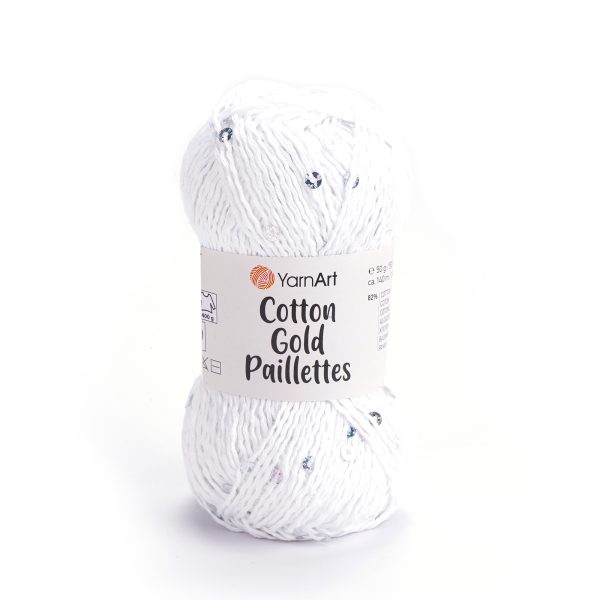 Alize Cotton Gold Paillettes sequin yarn skein 7102, sparkly cotton-acrylic yarn perfect for elegant knitting and crochet garments.