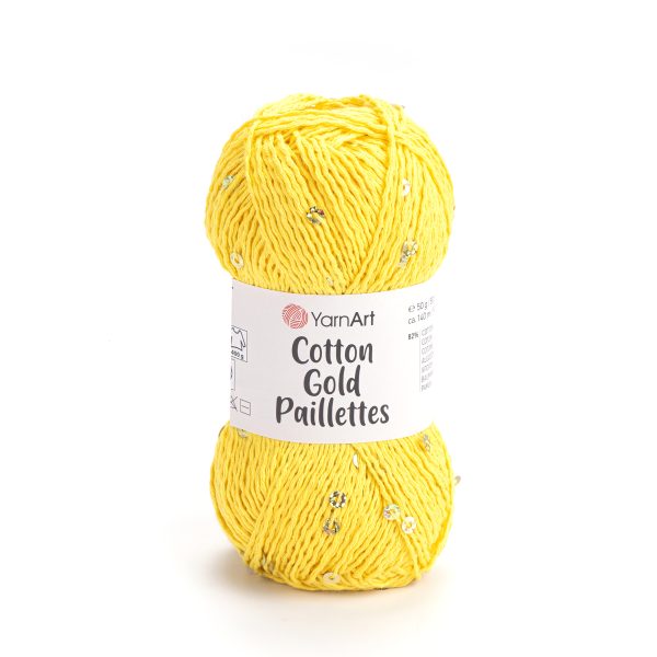 Alize Cotton Gold Paillettes sequin yarn skein 7106, sparkly cotton-acrylic yarn perfect for elegant knitting and crochet garments.