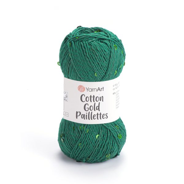 Alize Cotton Gold Paillettes sequin yarn skein 7114 green, sparkly cotton-acrylic yarn perfect for elegant knitting and crochet garments.